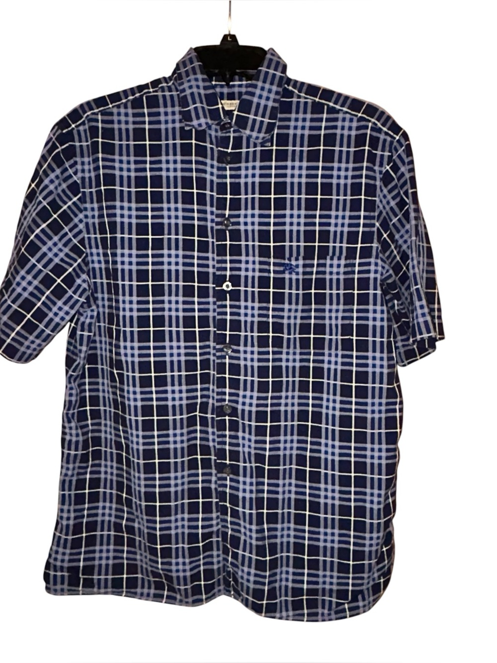 Burberry London Button Front Shirt Blue Nova Check Plaid SS Mens Medium Cotton
